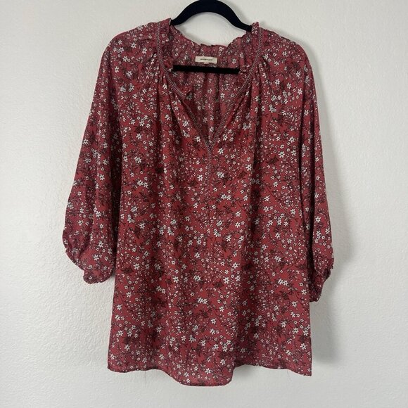 Max Studio Women's Plus Size 1X Crepe Peasant Boho Blouse Red Floral Print - Picture 2 of 12